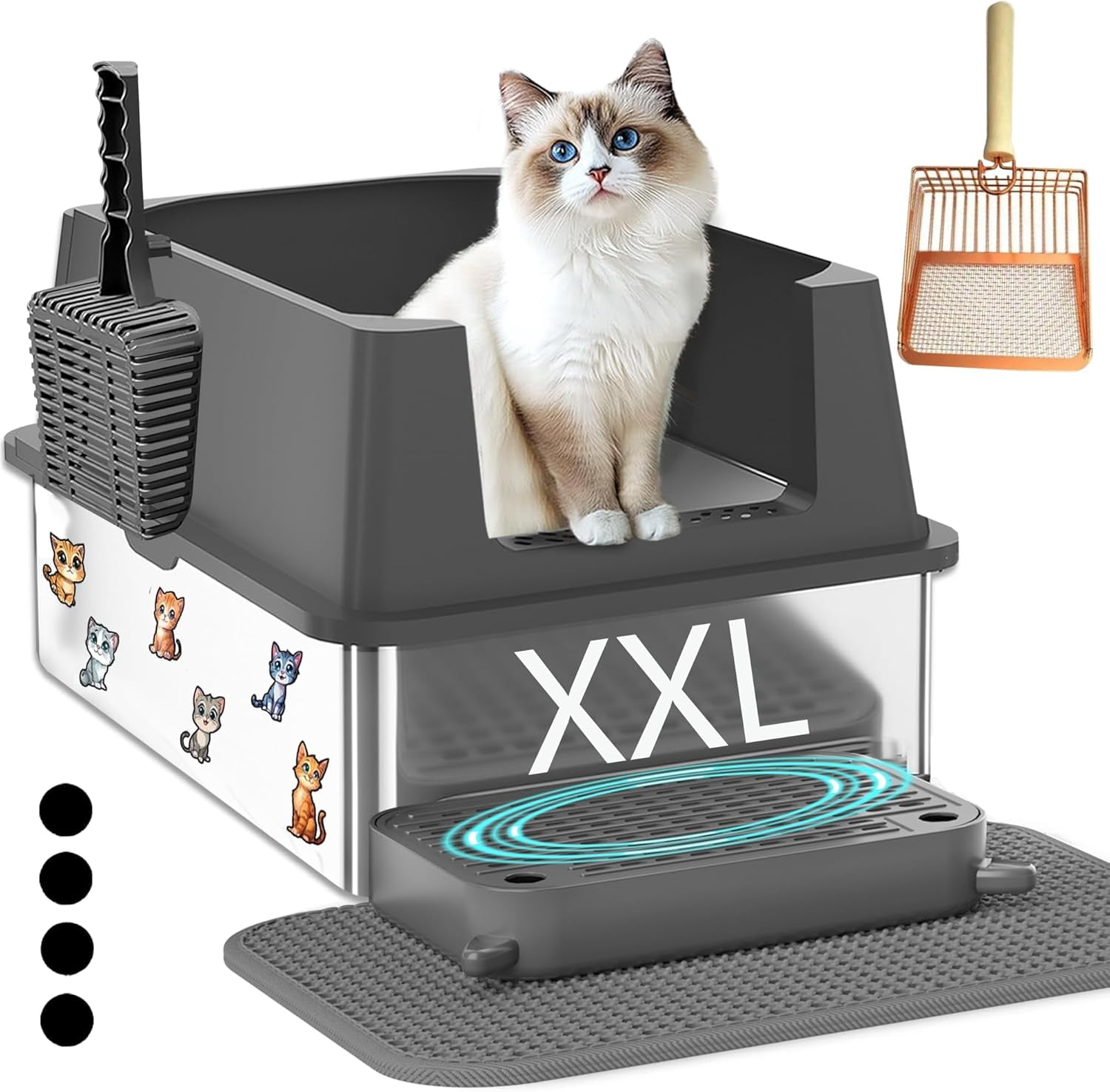 Extra Large Stainless Steel Cat Litter Box - 23.5" x 15.5" x 12" - High Sided Walls for Big Cats, Anti Urine Leakage, Odorless and Easy Cleaning - Foot Pad, Mat, Scoops & Deodorizer - XXL Litter Box