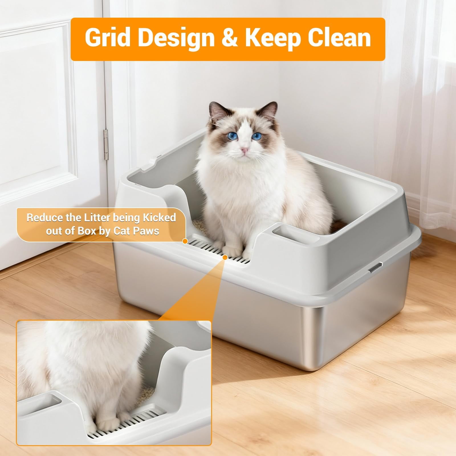 Extra Large Stainless Steel Cat Litter Box with High Sided Enclosure – Non-Stick, Leak-Proof, Odor Resistant, Easy Clean – Covered Litter Pan for Big Cats – 50x35x27cm, White