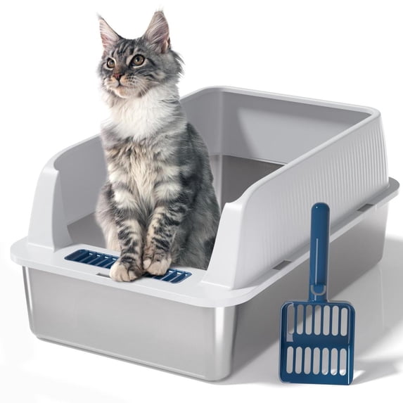 Extra Large Stainless Steel Cat Litter Box with High Sides & Detachable Splash Guard, Odor-Resistant & Easy-Clean Metal Kitty Potty for Big Cats, Durable & Rust-Proof