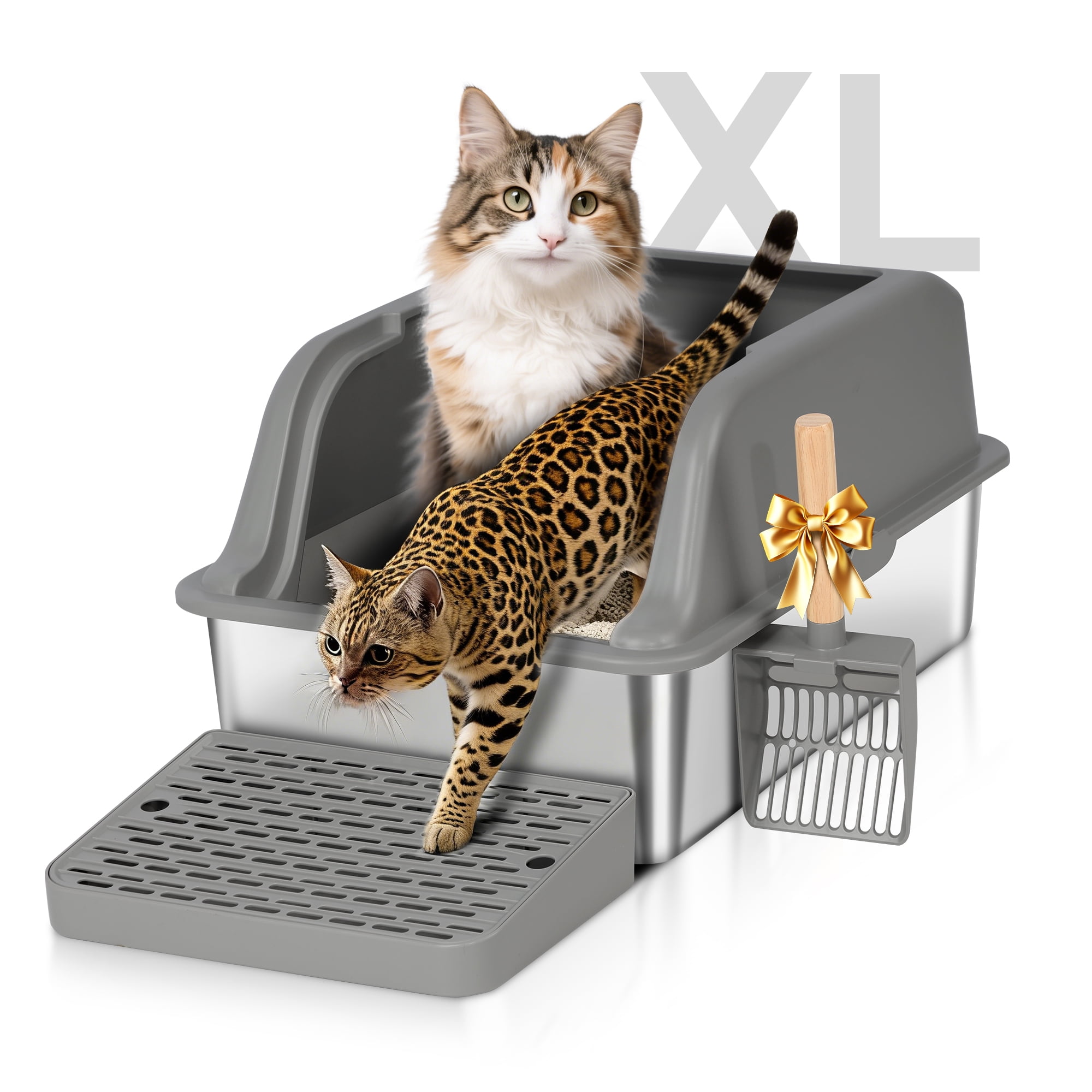 Extra Large Stainless Steel Cat Litter Box with Lid,24 x 16 x 15.74-in,High Sided Metal Cat Litter Box for Large Cats & Multiple Cats,with Scoop and Footboard, Gray