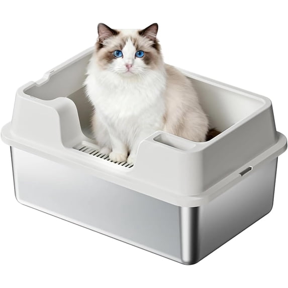 Extra Large Stainless Steel Cat Litter Box with Lid, Semi Enclosed Leak Proof Design, High Sided Odor Free Easy Clean Tray 60x40x22cm