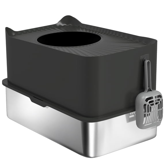 Extra Large Stainless Steel Litter Box, Enclosed Cat Litter Box with Scoop, Top Entrance, Non-slip Pads, Black