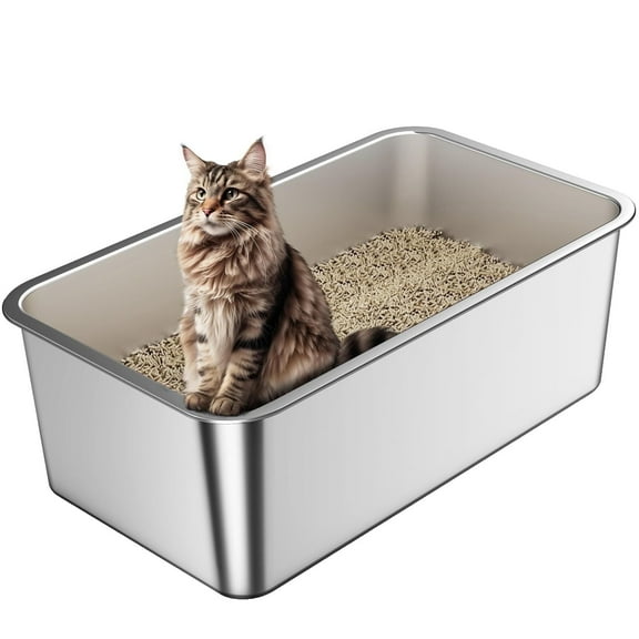 Stainless Steel Litter Box Extra Large, Bug Hull Open Top Cat Litter Box with High Sides, 23.6" x 15.6" x 8"