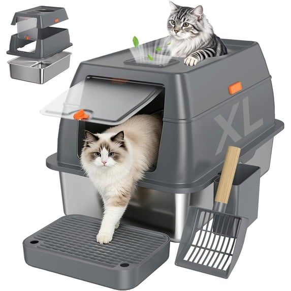 Extra Large Stainless Steel Litter Box with Lid, High Sided Enclosed Metal Cat Litter Pan, Dog Proof Front Entry Top Exit, Odor Control Easy Clean Leak Proof, Includes Scoop & Step