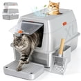 thumbnail image 1 of Extra Large Stainless Steel Litter Box with Lid, High Sided Enclosed Metal Cat Litter Pan, Dog Proof Front Entry Top Exit, Odor Control Easy Clean Leak Proof, Includes Scoop & Step, Light Gray, 1 of 8