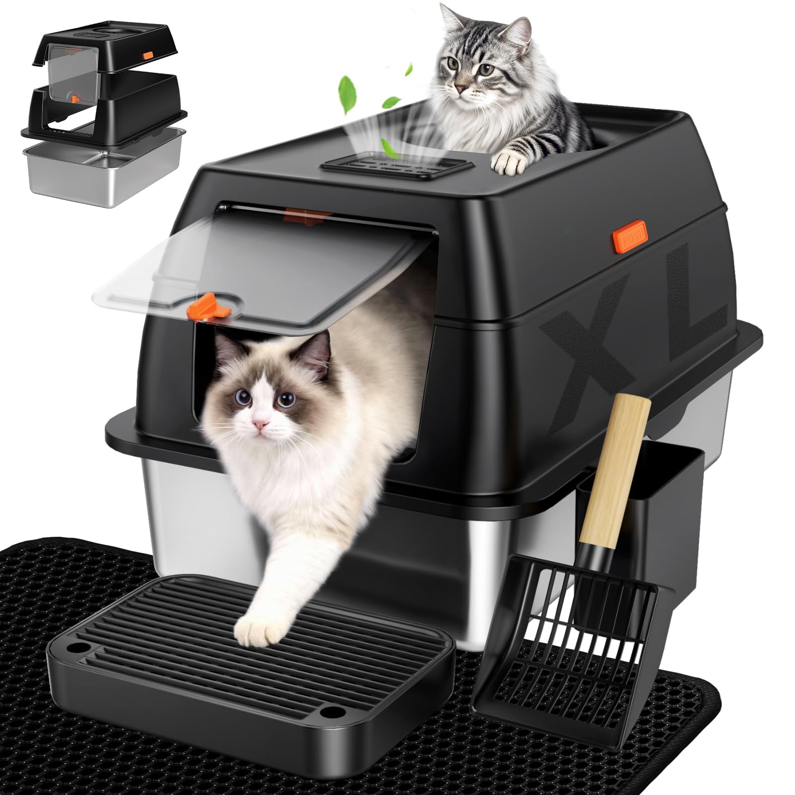 Extra Large Stainless Steel Litter Box With Lid  High Sided Enclosed Metal Cat Pan Dog Proof Front Entry Top Exit Odor Control Easy Clean Leak Includes Mat Scoop & Step Black