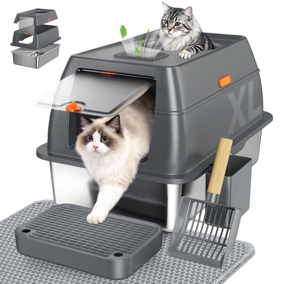 Extra Large Stainless Steel Litter Box With Lid High Sided Enclosed Metal Cat Pan Dog Proof Front Entry Top Exit Odor Control Easy Clean Leak Includes Mat Scoop & Step Grey