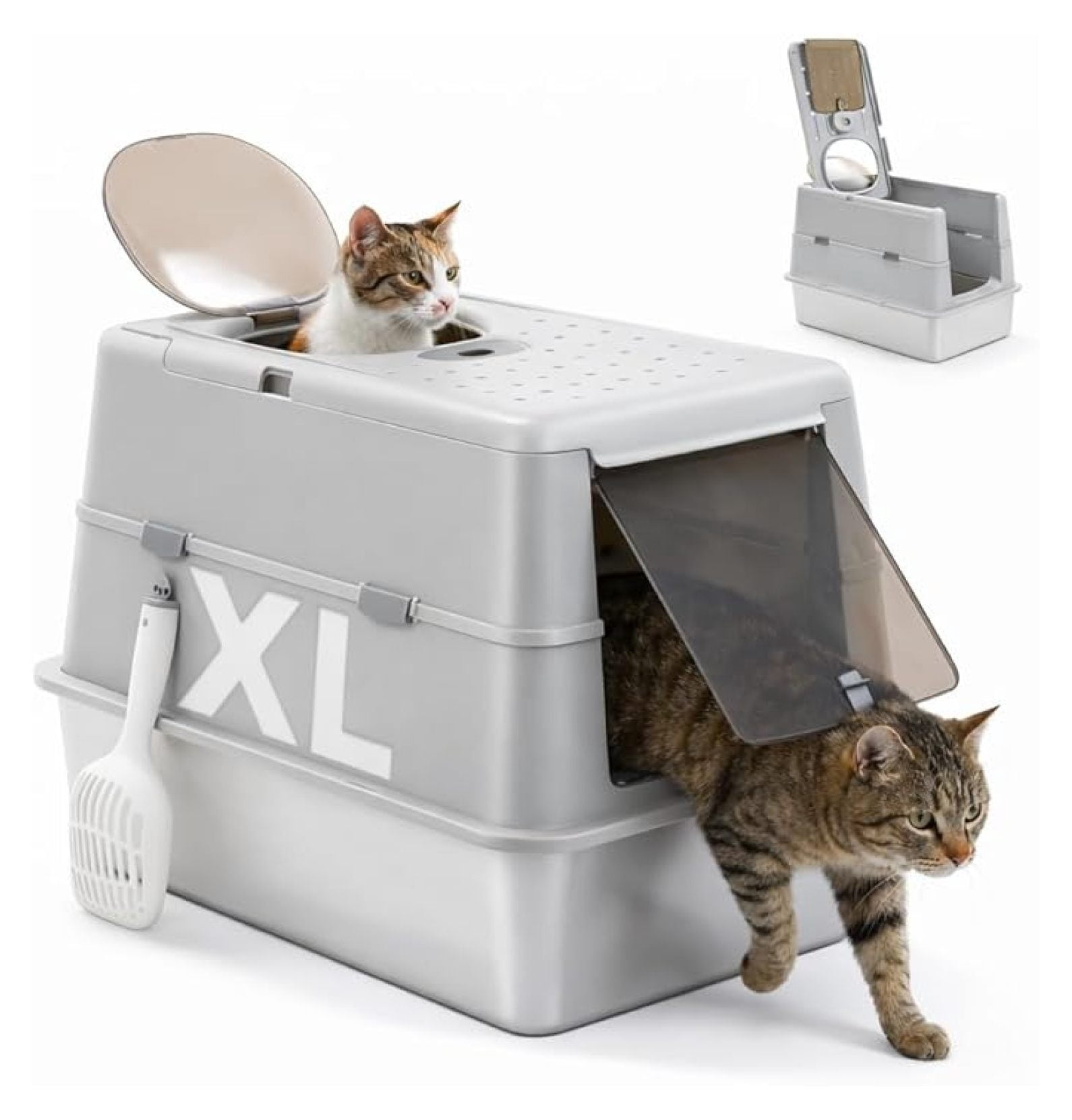 Extra Large Stainless Steel Litter Box with Lid & Odor Control, 3-in-1 Cat Litter Box with High-Sided for Big Cats & Multi-Cats, Non-Stick Metal Pan, Front Entry Top Exit, Includes , Grey