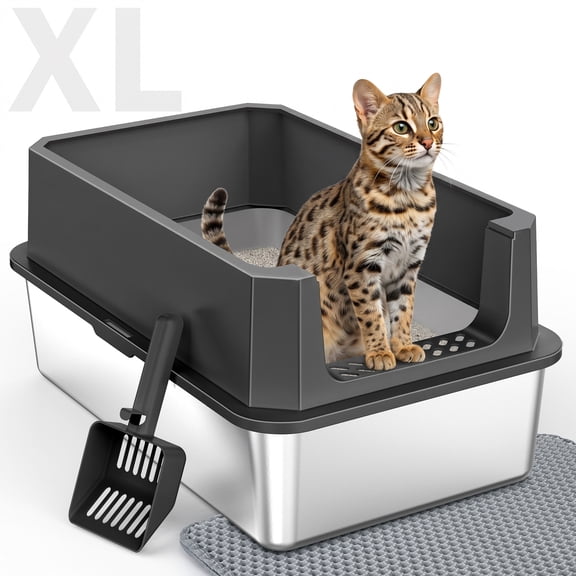 Extra Large Stainless Steel Litter Box, XL Cat Litter Boxes for Big Cats and Multiple Cats, Metal Litter Box with High Sides/Metal Scoop/Mat, Easy to Clean, Dark Gray