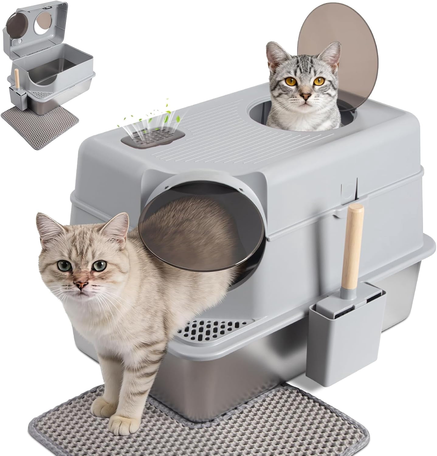 Extra Large Stainless Steel Litter Box with Lid, High Sided Design Includes Mat and Scooper, Easy Clean Non-Stick Odor Control