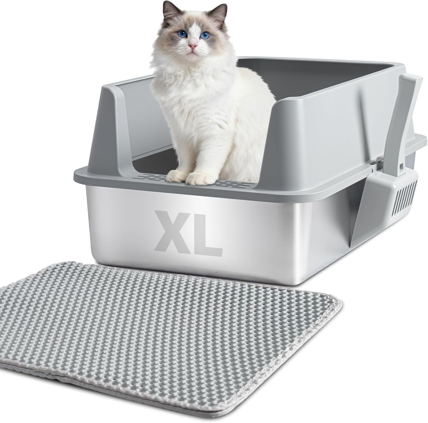 Extra Large Stainless Steel Litter Box with Lid, High Sided Design Includes Mat and Scooper, Easy Clean Non-Stick Odor Control