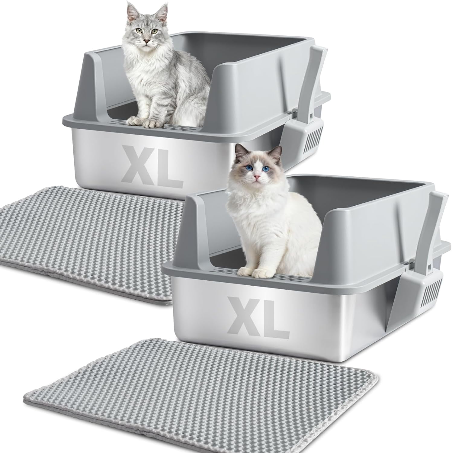 Extra Large Stainless Steel Litter Box with Lid, High Sided Design Includes Mat and Scooper, Easy Clean Non-Stick Odor Control