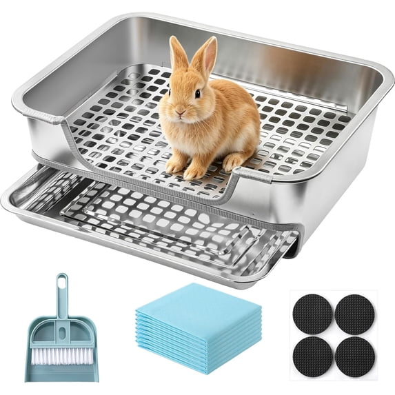 Extra Large Stainless Steel Rabbit Litter Box, Pull-Out Bunny Potty Pan with Metal Grid, Rabbit Cage Bathroom Set Includes Pee Pads Cleaning Set for Small Animals (17.7" x 13.8" x 5.9")
