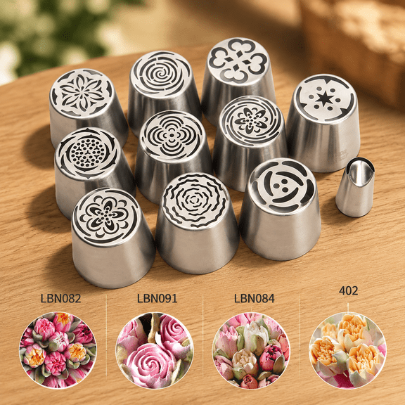 Extra Large Stainless Steel Russian Piping Tip Set, 10 Piece with Leaf Nozzle and Cleaning Brush
