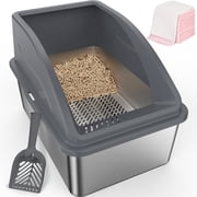 Extra Large Stainless Steel Sifting Litter Box for Pine Pellet Litter, XL Cat Litter Box with Sifter for Large Cats, Non-Clumping System, High-Sided, Anti-Leakage, Non-Stick, Dark Gray