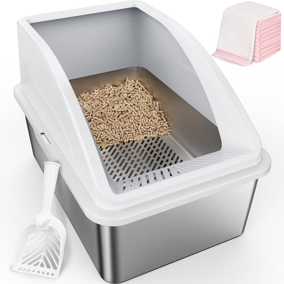 Extra Large Stainless Steel Sifting Litter Box for Pine Pellet Litter, XL Cat Litter Box with Sifter for Large Cats, Non-Clumping System, High-Sided, Anti-Leakage, Non-Stick, Silver Gary