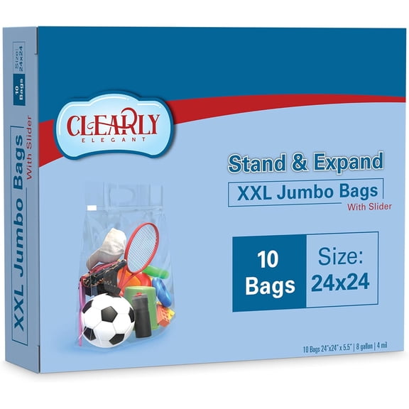 Extra-Large Storage Bags with Handles, Resealable Zipper, Expandable Bottom, 24x24, 10Pack