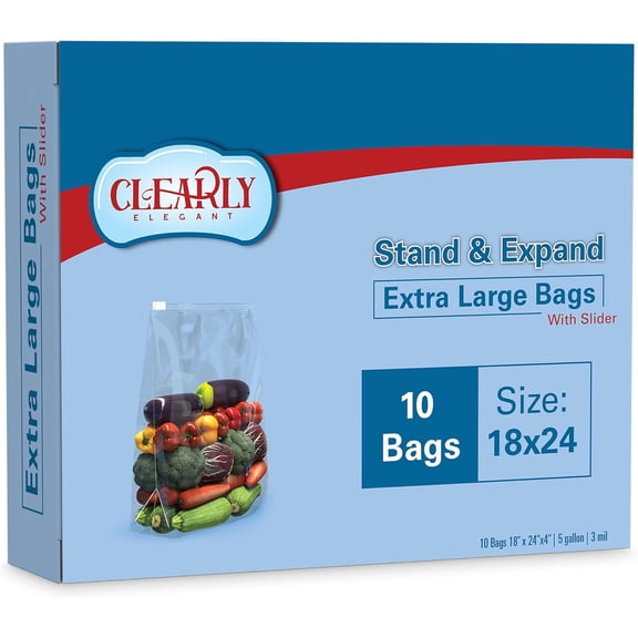 Extra-Large Storage Bags with Resealable Zipper and Expandable Bottom, 18x24, 10 Pack