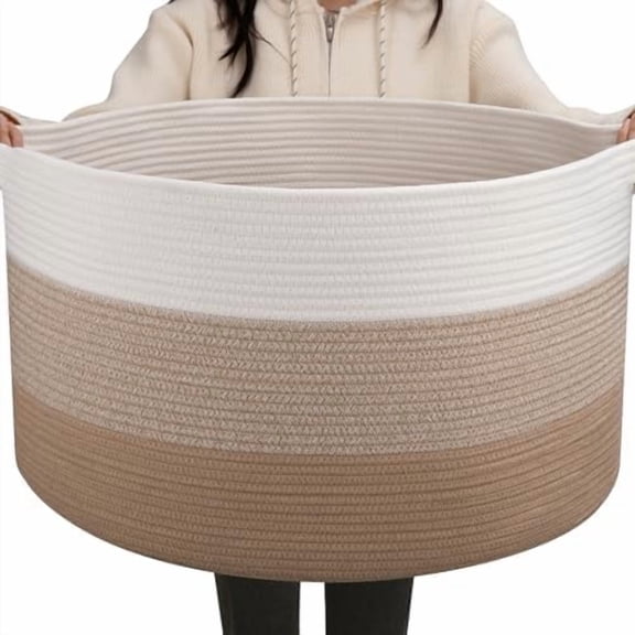 Extra Large Storage Basket, 23" x 13" Woven Blanket Storage for Living Room, Round Laundry Basket for Pillow-Gardient Light Brown