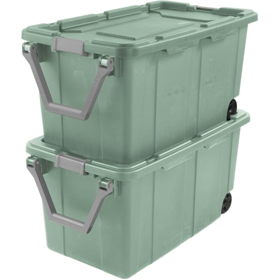Extra Large Storage Bin, 40 Gallon Wheeled Plastic Storage Container with Lid and Handle for Garage Organization, Pack of 2, Green