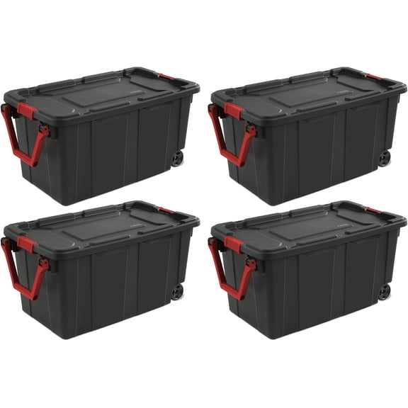 Extra Large Storage Bin, 40 Gallon Wheeled Plastic Storage Container with Handle,PACK of 4 (Black/Red)