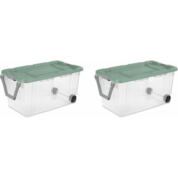 Extra Large Storage Bin, 40 Gallon Wheeled Plastic Storage Container with Handle,Pack of 2 (Clear/Green)