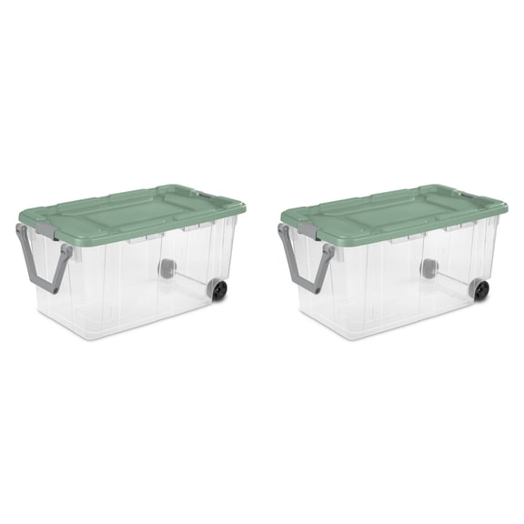 Extra Large Storage Bin, 40 Gallon Wheeled Plastic Storage Container with Handle,Pack of 2, Clear/Green