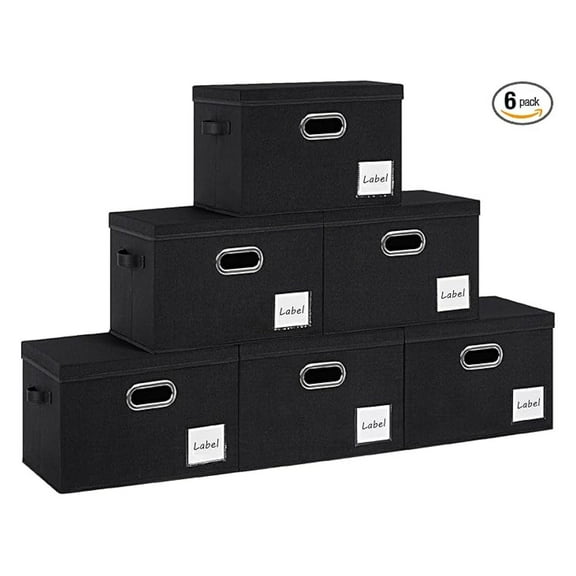 Extra Large Storage Bins 6 Pack, Foldable Linen Storage Boxes with Lids, Fabric Bins with Handles & Labels for Shelves, Closet, Bedroom, Home, Office - Black
