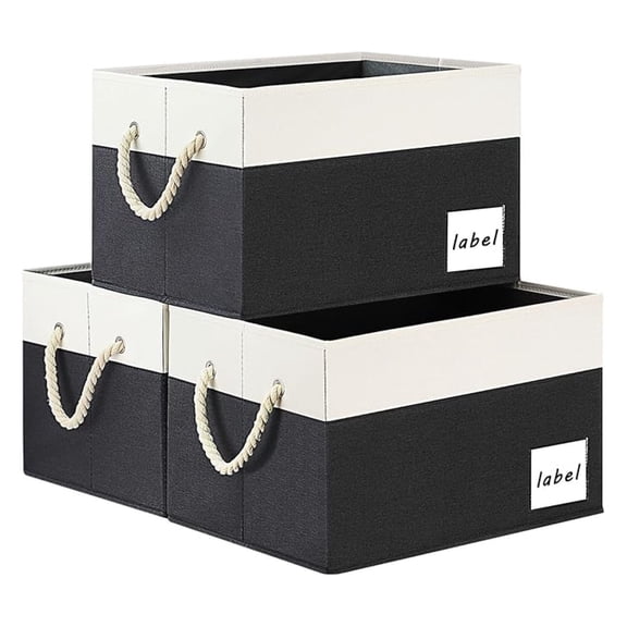 Extra Large Storage Bins, Foldable Storage Baskets for Shelves, Closet Storage Bins with Label & Cotton Rope Handles (3 Pack, 15.75"x11.8"x10.2", Black&White)