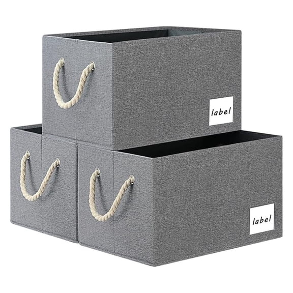 Extra Large Storage Bins, Foldable Storage Baskets for Shelves, Closet Storage Bins with Label & Cotton Rope Handles (3 Pack, 15.75"x11.8"x10.2", Grey)