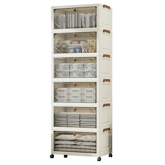 6-Tier Collapsible Plastic Storage Bins with Magnetic Doors, 36QT Stackable Organizers with Locking Wheels & Side Latches – Foldable Storage Containers for Bedroom, Office, Dorm Room