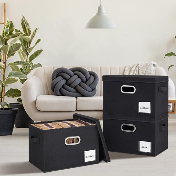 Extra Large Storage Bins with Lids 6 Pack, Foldable Linen Fabric Storage Boxes with Lids, Sturdy Fabric Storage Bins with Label & 3 Handles for Shelves Bedroom Home Office (Black, Extra Large)