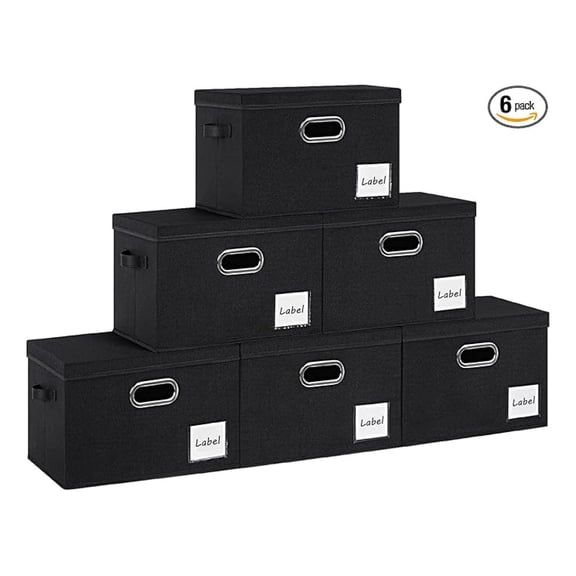 Extra Large Storage Bins with Lids 6 Pack, Foldable Linen Fabric Storage Boxes with Lids, Sturdy Fabric Storage Bins with Label & 3 Handles for Shelves Bedroom Home Office (Black, Extra Large)
