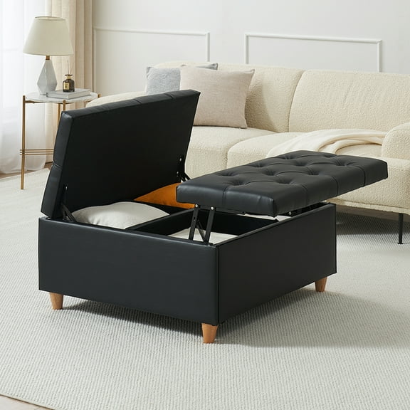 Extra Large Storage Ottoman Coffee Table with Lift Top,Faux Leather Tufted Upholstered Ottoman with Storage,Oversized Square Ottoman,Large Square Storage Ottoman Bench for Bedroom Living Room