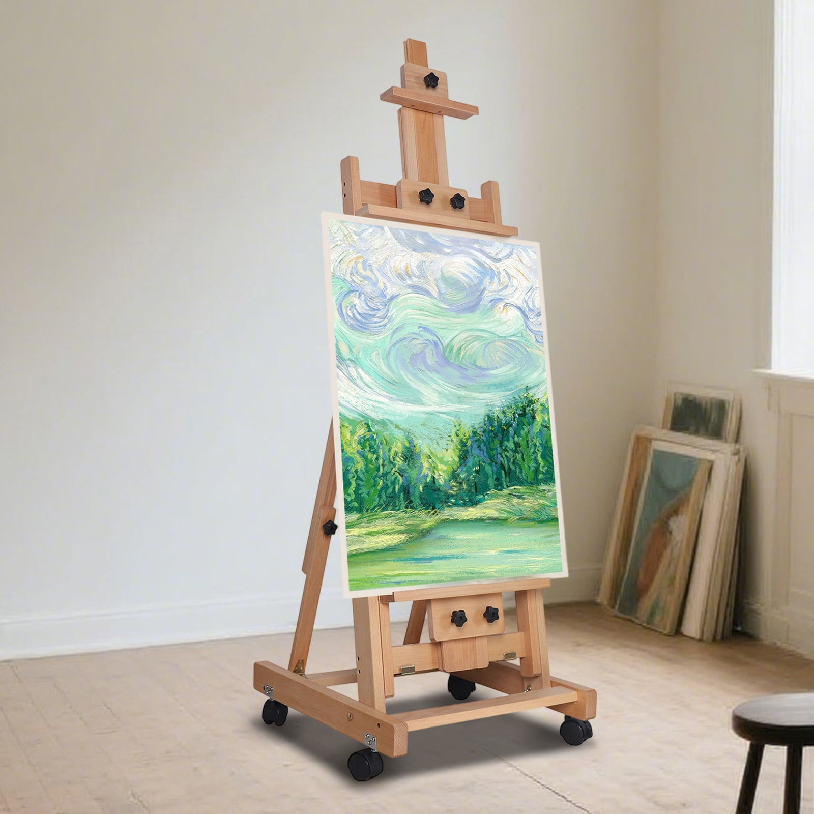 Extra Large Studio H-Frame Easel Adjustable Solid Beech Wood Artist Easel Movabl