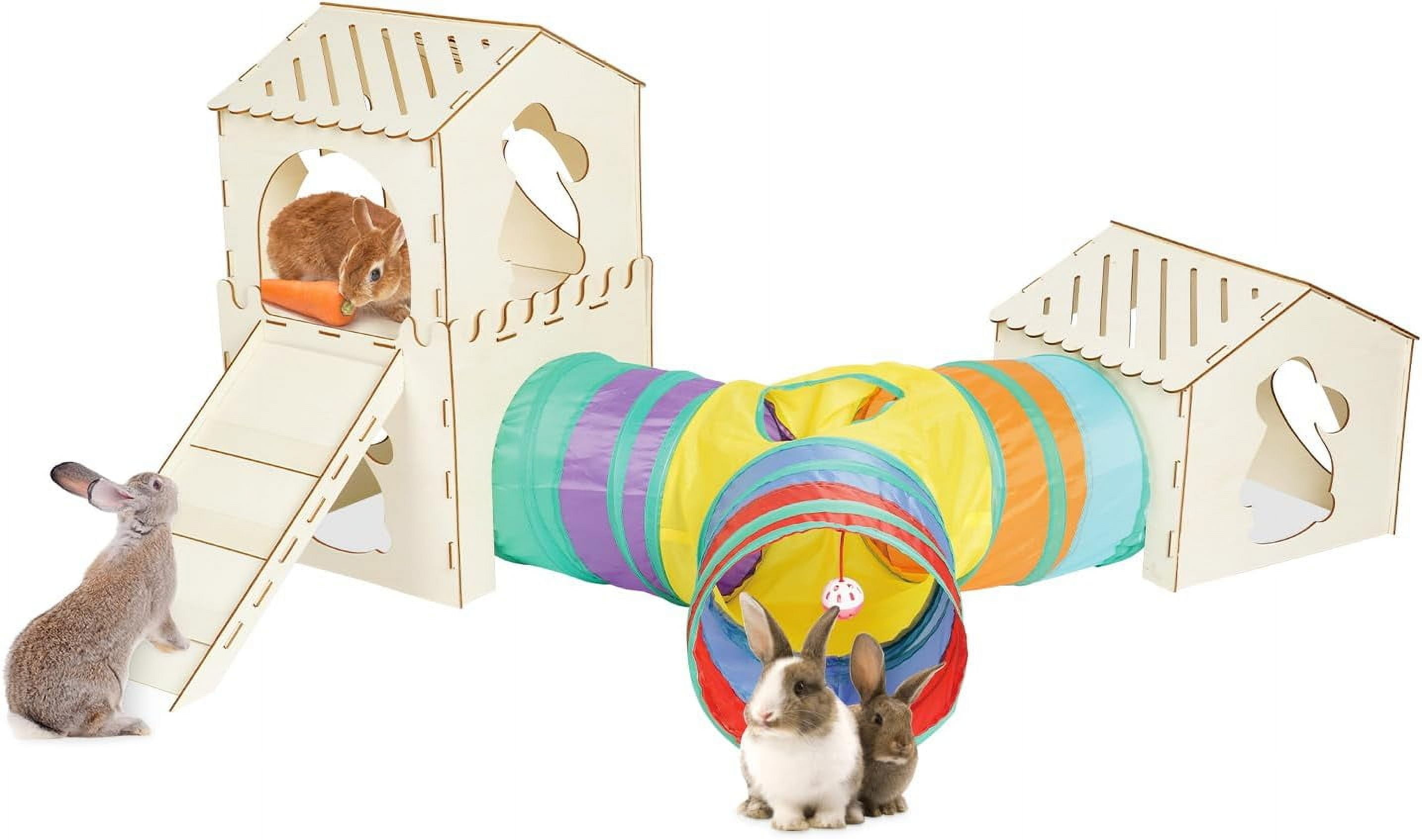 Extra Large Sturdy Rabbit Hideout with 3 Way Tunnels, Wooden Bunny ...