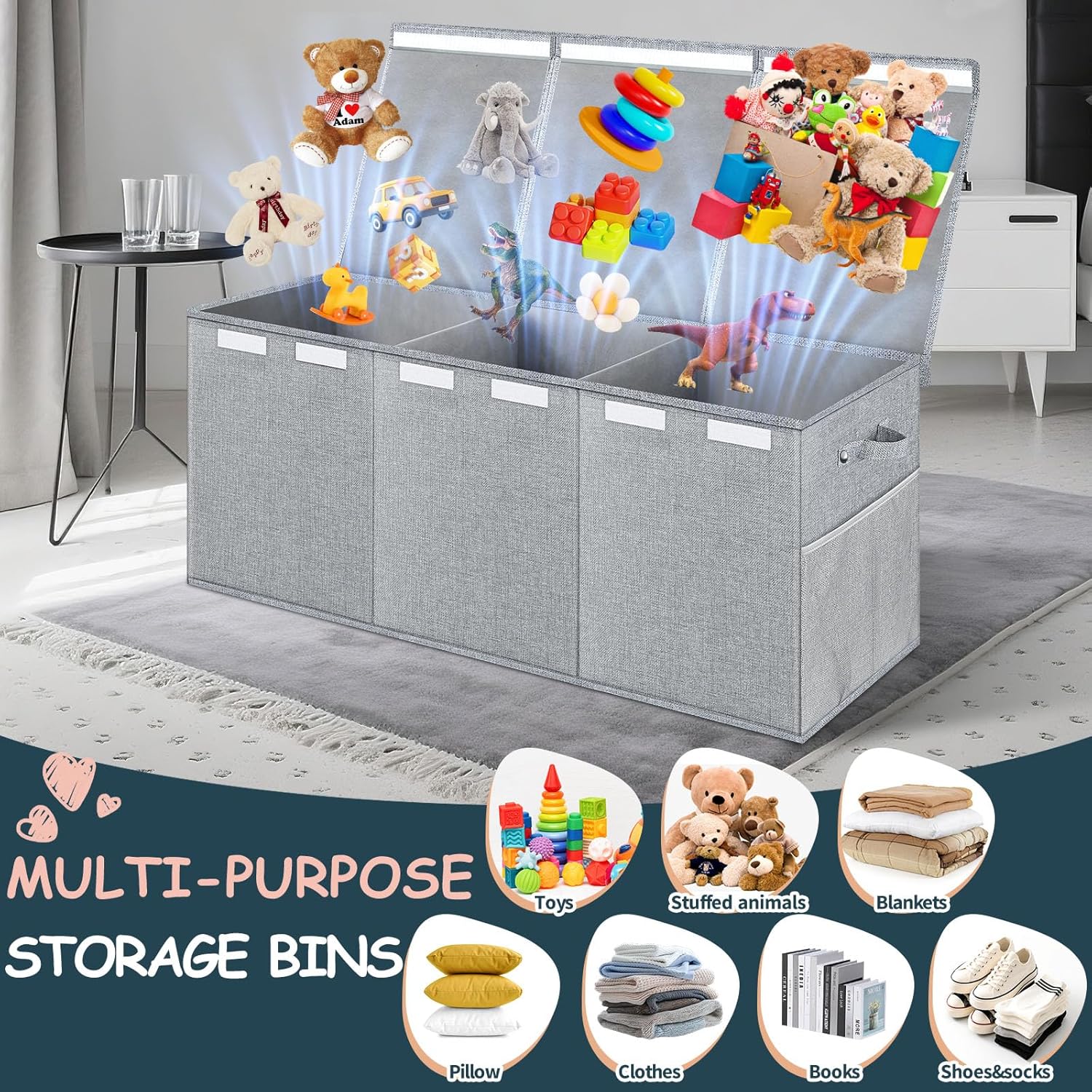 Extra Large Sturdy Toy Chest with Lid and Dividers, Collapsible Kids ...