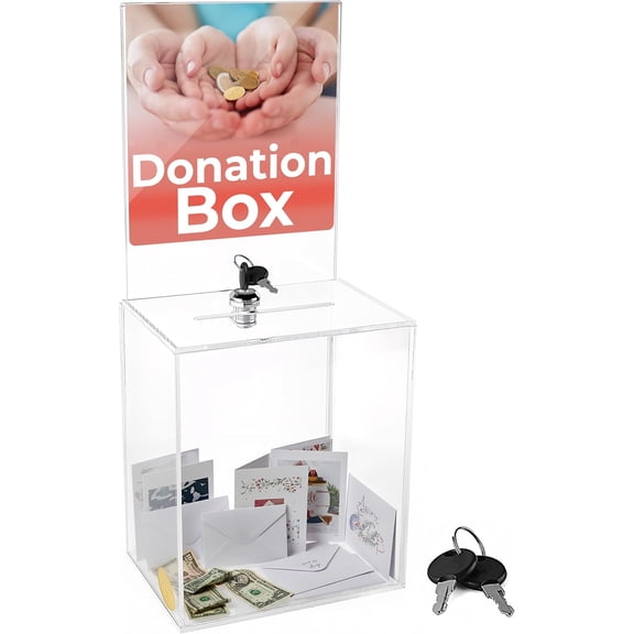 Extra Large Suggestion Donation Box, Size 16" x 8" x 6" Clear Donation Box for Fundraising with Lock & Display Sign Holder, Raffle Ticket Box, Tip Box, Secure Ballot Box and Suggestion Box with Slot,
