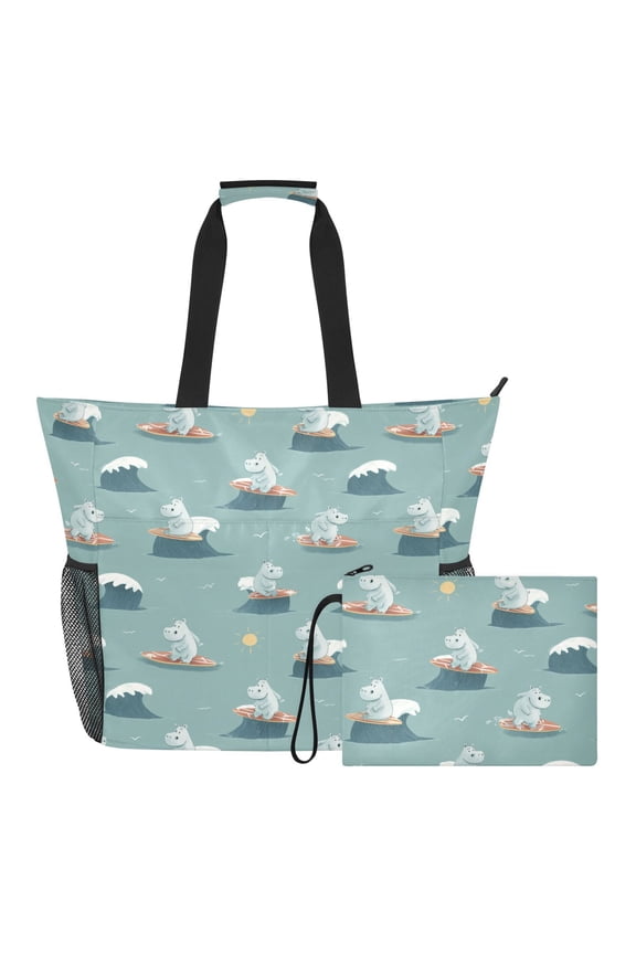 Extra Large Surfing Hippo Beach Bag for Women Waterproof Tote with Zipper Pockets