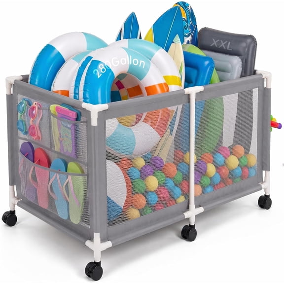 Extra Large Swimming Pool Storage Organizer Upgraded 280-Gallon Rolling Bin with Wheels Side Pockets Float Noodles Holder Mesh Cart for Pool Toys Swim Rings Surfboards Beach Gear Patio Yard Organizer