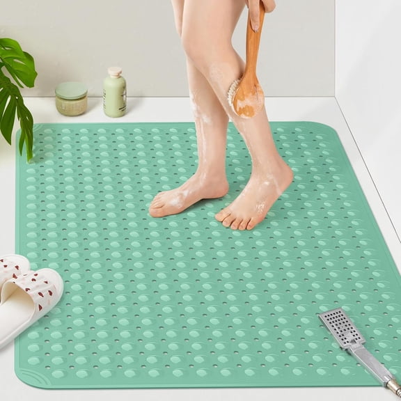 Extra Large TPE Shower Mat, 47.2" L x 31.5" W Anti Slip Bath Mat with Drain Holes and Suction Cups, Large Size Mat More Suitable for Shower Stall, No Odor, Heavy Mat (Green, 47.2" x 31.5")