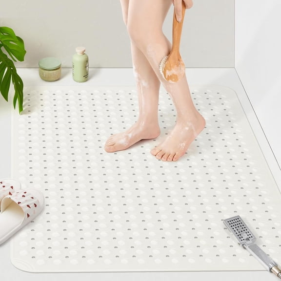 Extra Large TPE Shower Mat, 47.2" L x 31.5" W Anti Slip Bath Mat with Drain Holes and Suction Cups, Large Size Mat More Suitable for Shower Stall, No Odor, Heavy Mat (White, 47.2" x 31.5")