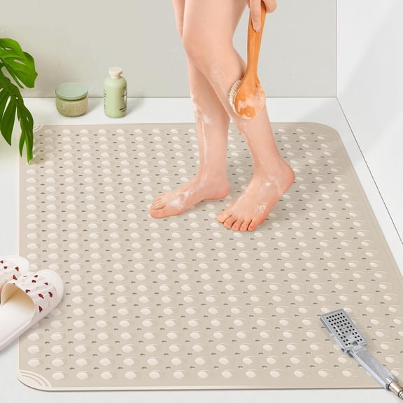 Extra Large TPE Shower Mat, 47.2" L x 31.5" W Anti Slip Bath Mat with Drain Holes and Suction Cups, Large Size Mat More Suitable for Shower Stall, No Odor, Heavy Mat