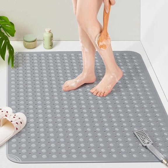Extra Large TPE Shower Mat, 47.2" L x 31.5" W Anti Slip Bath Mat with Drain Holes and Suction Cups, Large Size Mat More Suitable for Shower Stall, No Odor, Heavy Mat