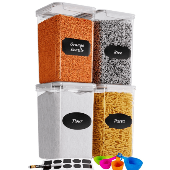 Extra Large Tall Airtight Food Storage Containers, Set of 4, Airtight Food Storage for Flour, Sugar, Rice, Includes Measuring Scoops, Pen, and Labels, 7qt, 220Oz, 6.5L, Transparent