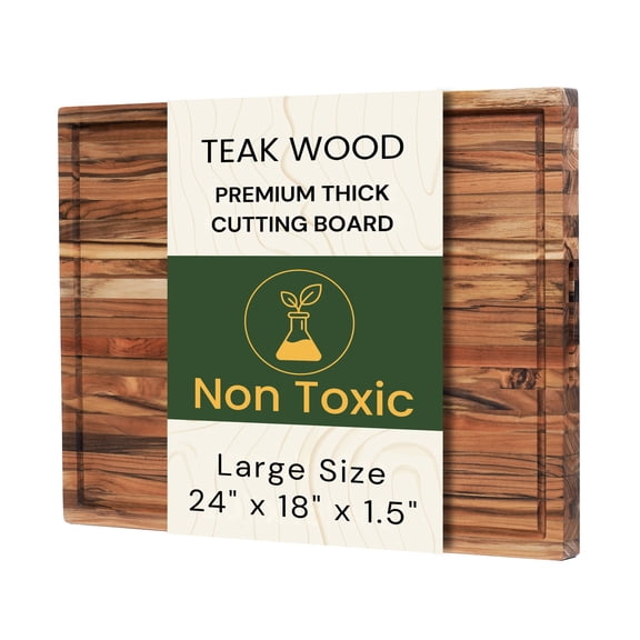 Extra Large Teak Wood Cutting Board 24x18 Inch for Meat, Brisket & Professional Kitchen Prep, Thick Edge Grain Butcher Block with Deep Juice Groove & Handle, Heavy-Duty Countertop Board by New M Way