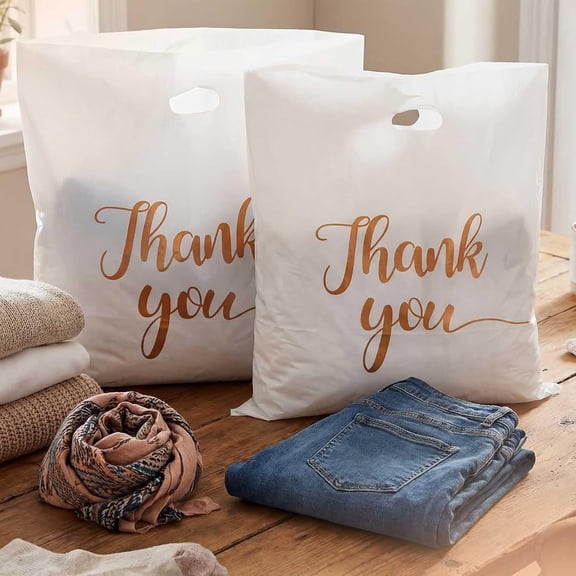 Extra Large Thank You Bags with Handle Plastic Shopping Merchandise Retail Boutique Bags for Business, Retail, Gifts, Trade Show and More(White)