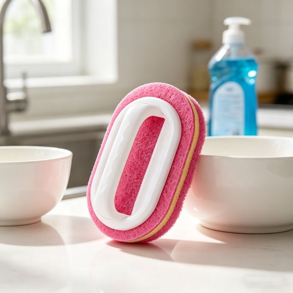 Extra Large Thick Sponge Brush with Handle for Cleaning Tiles Bathroom Sink Pot Scrubber - Multi Functional Household Cleaning Tool for Kitchen and Bathroom Use Ergonomic Long Handle Scouring Pad