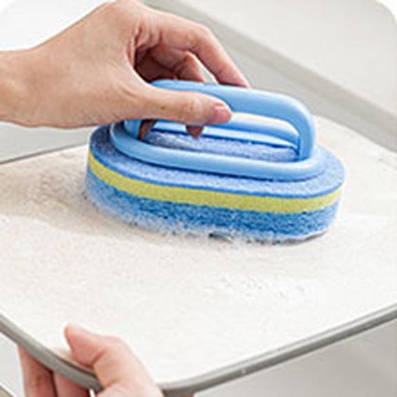 Extra Large Thick Sponge Brush with Handle for Cleaning Tiles Bathroom Sink Pot Scrubber - Multi Functional Household Cleaning Tool for Kitchen and Bathroom Use Ergonomic Long Handle Scouring Pad