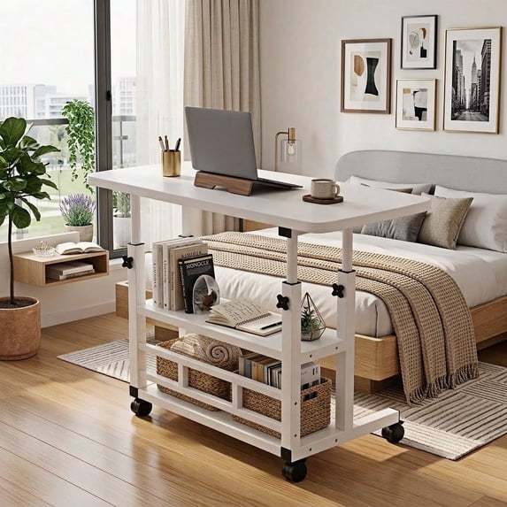 Extra-Large Three-Tier Mobile Computer Desk with Wheels, Portable ...